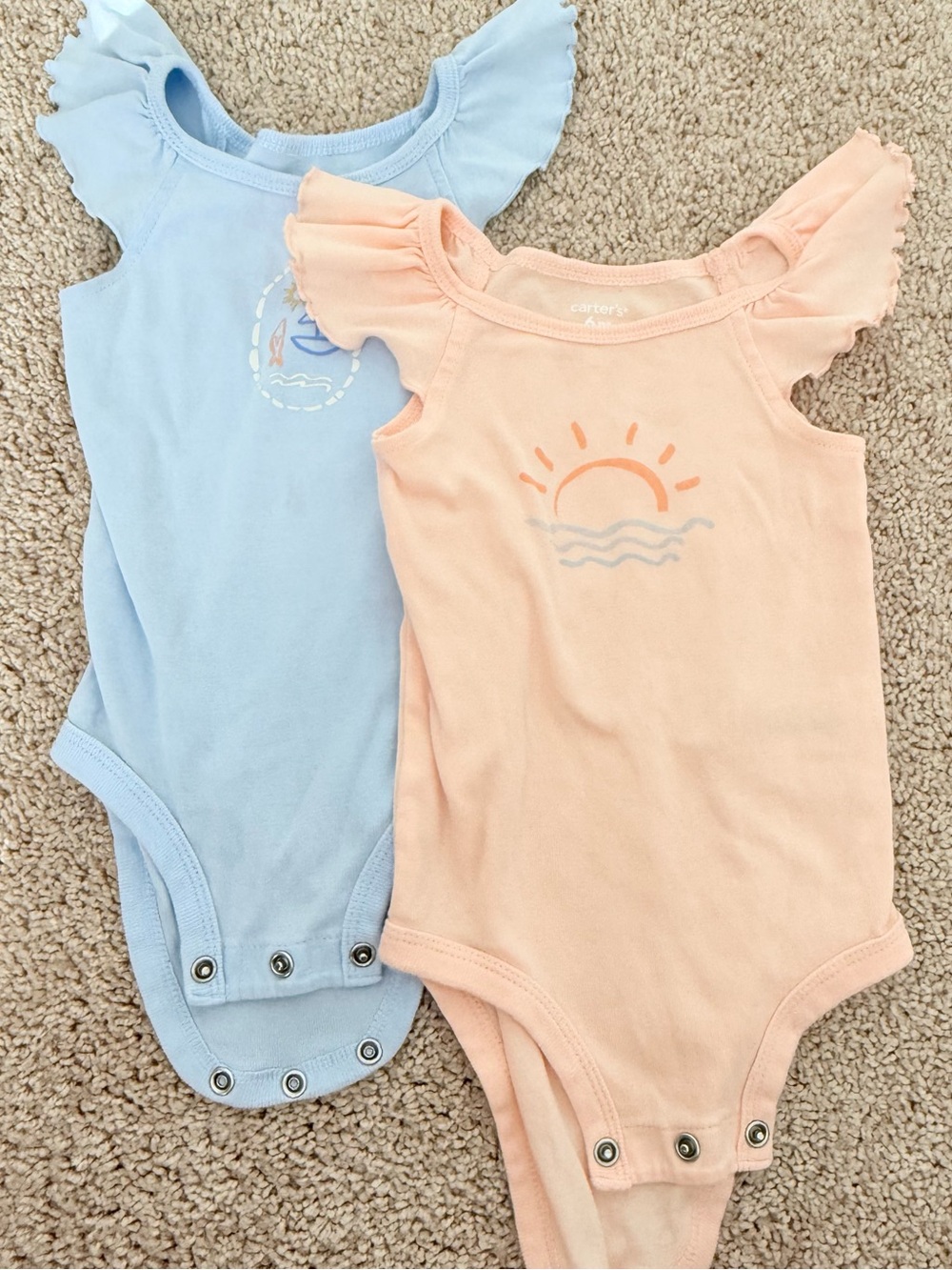 Carter's 6mo Peach & Light Blue Ruffle Sleeve Baby One-Piece Bodysuits